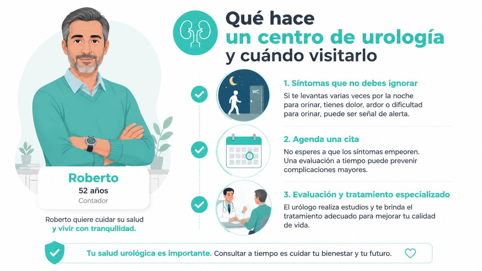 Infografía sobre la importancia de acudir a un centro de urología para prevenir enfermedades y mejorar el bienestar.