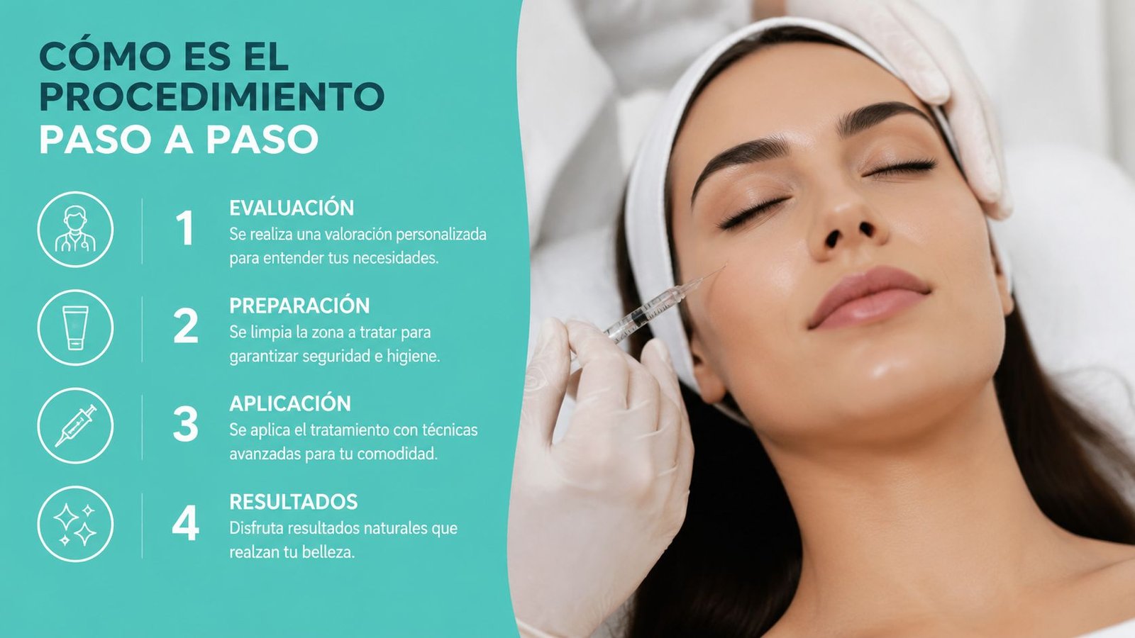 Infografía paso a paso mostrando un procedimiento estético facial con inyecciones realizado por un profesional médico.