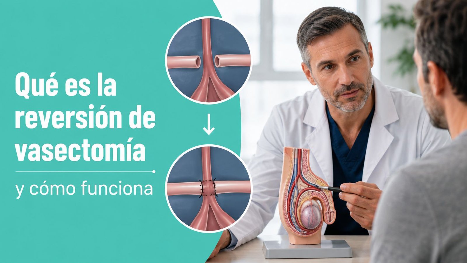 Un médico explica el procedimiento de reversión de vasectomía utilizando un modelo anatómico del sistema reproductor masculino.
