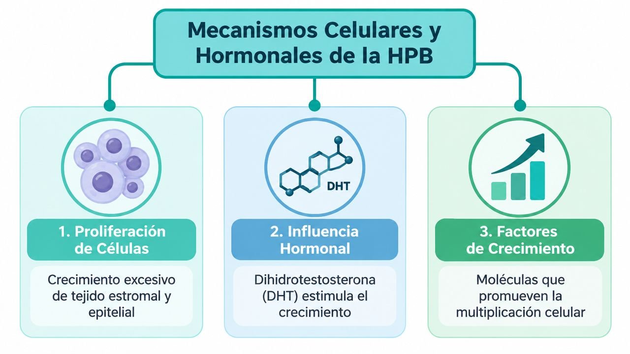 Diagrama que explica los mecanismos celulares y hormonales subyacentes en la hiperplasia prostática benigna, incluyendo proliferación y factores.