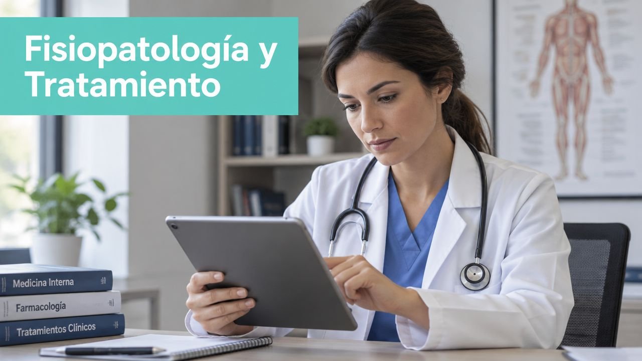 Una doctora con estetoscopio utiliza una tableta digital mientras está sentada en su consultorio médico profesional.