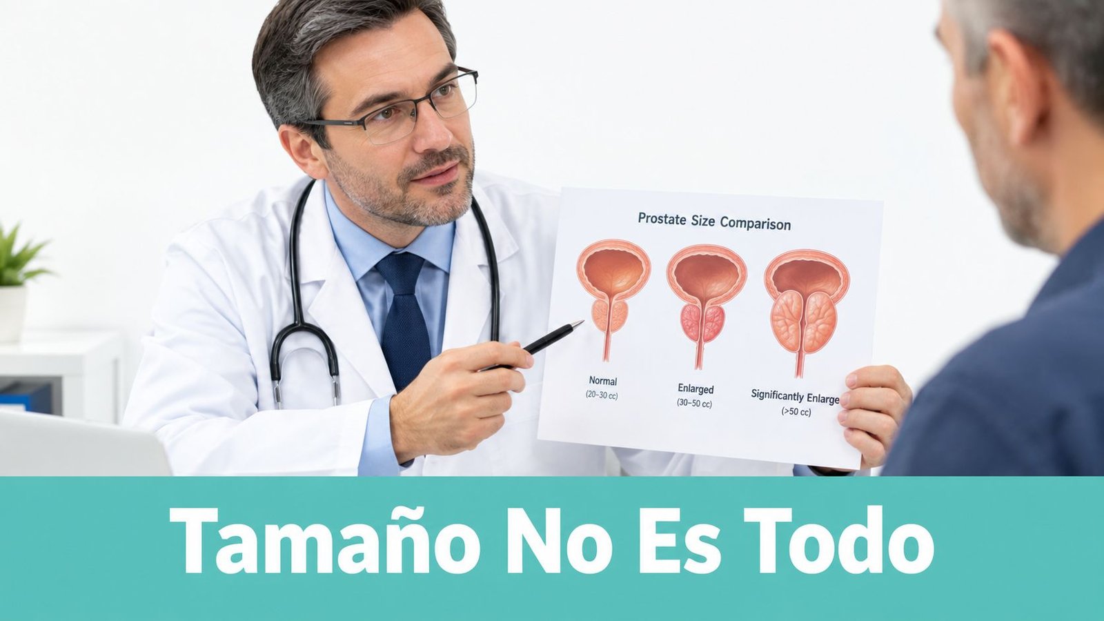 Un médico explicando la diferencia de tamaño de la próstata a un paciente con una tabla visual.
