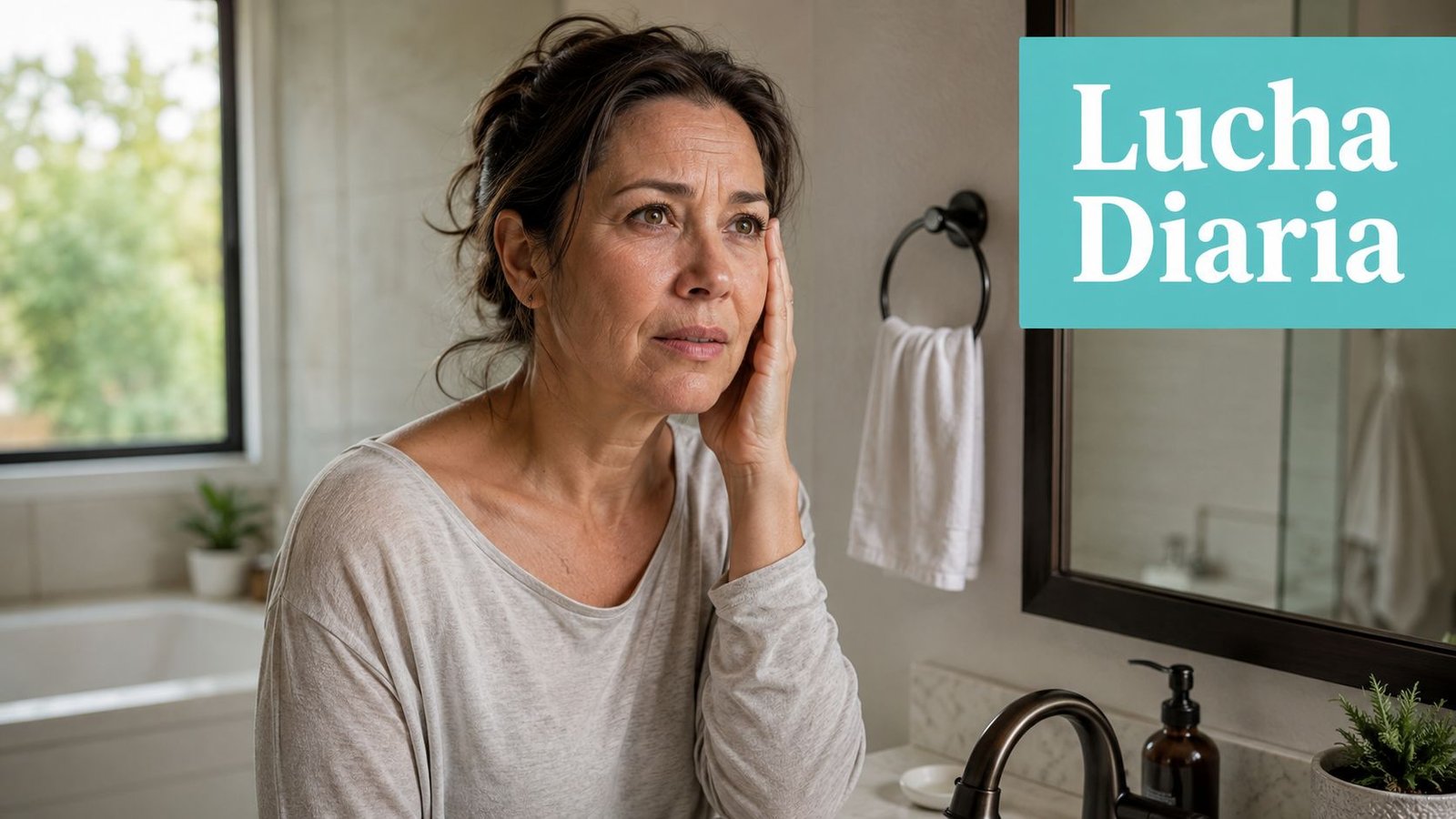 Mujer adulta preocupada mirándose en el espejo del baño, tocándose la cara con expresión de ansiedad profunda.