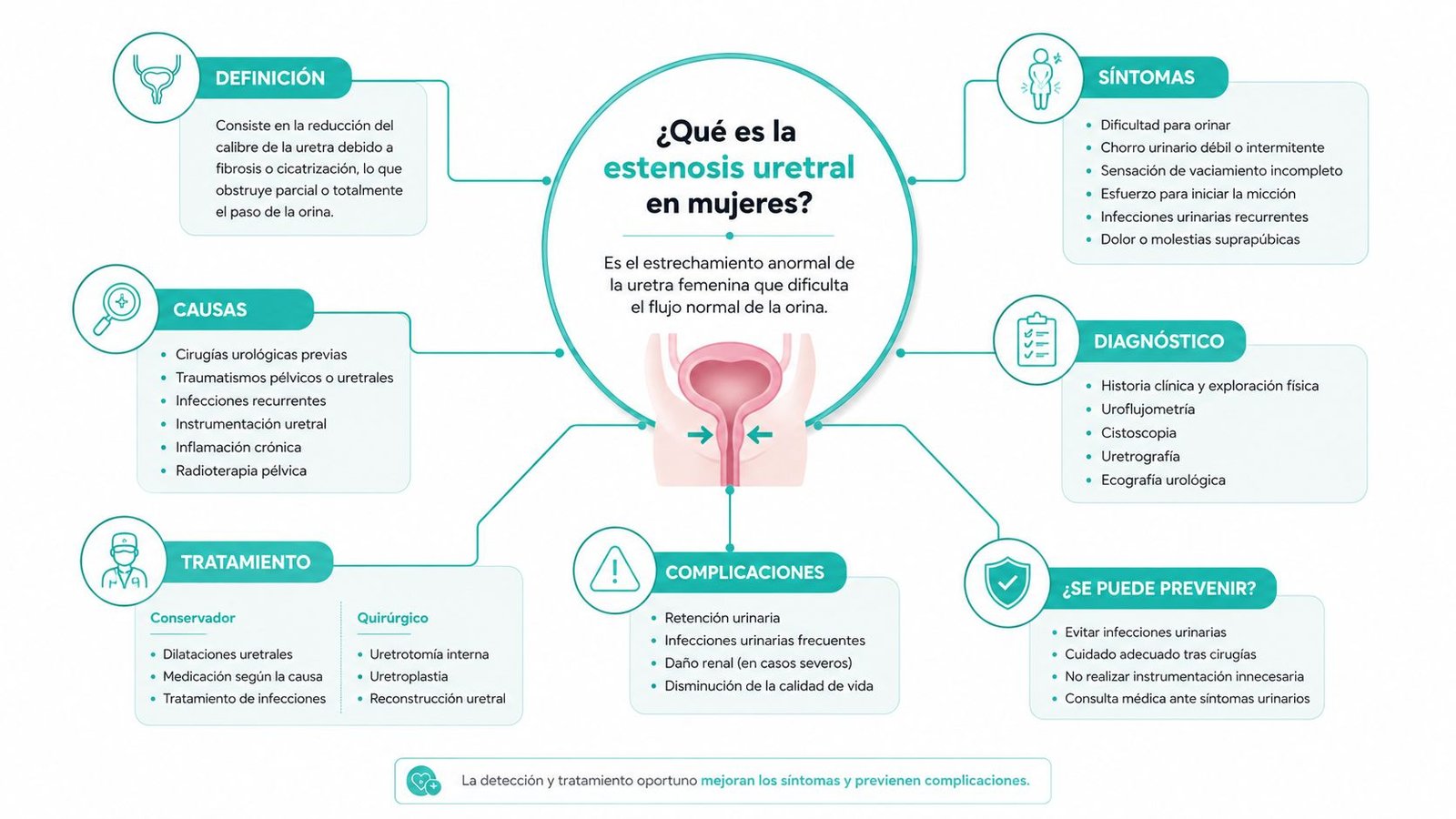 Infografía sobre la estenosis uretral en mujeres que detalla definición, síntomas, causas, diagnóstico, tratamiento y prevención.