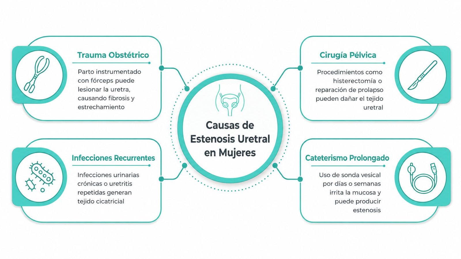 Infografía sobre las cuatro causas principales de la estenosis uretral en mujeres: trauma, cirugía, infecciones y cateterismo.