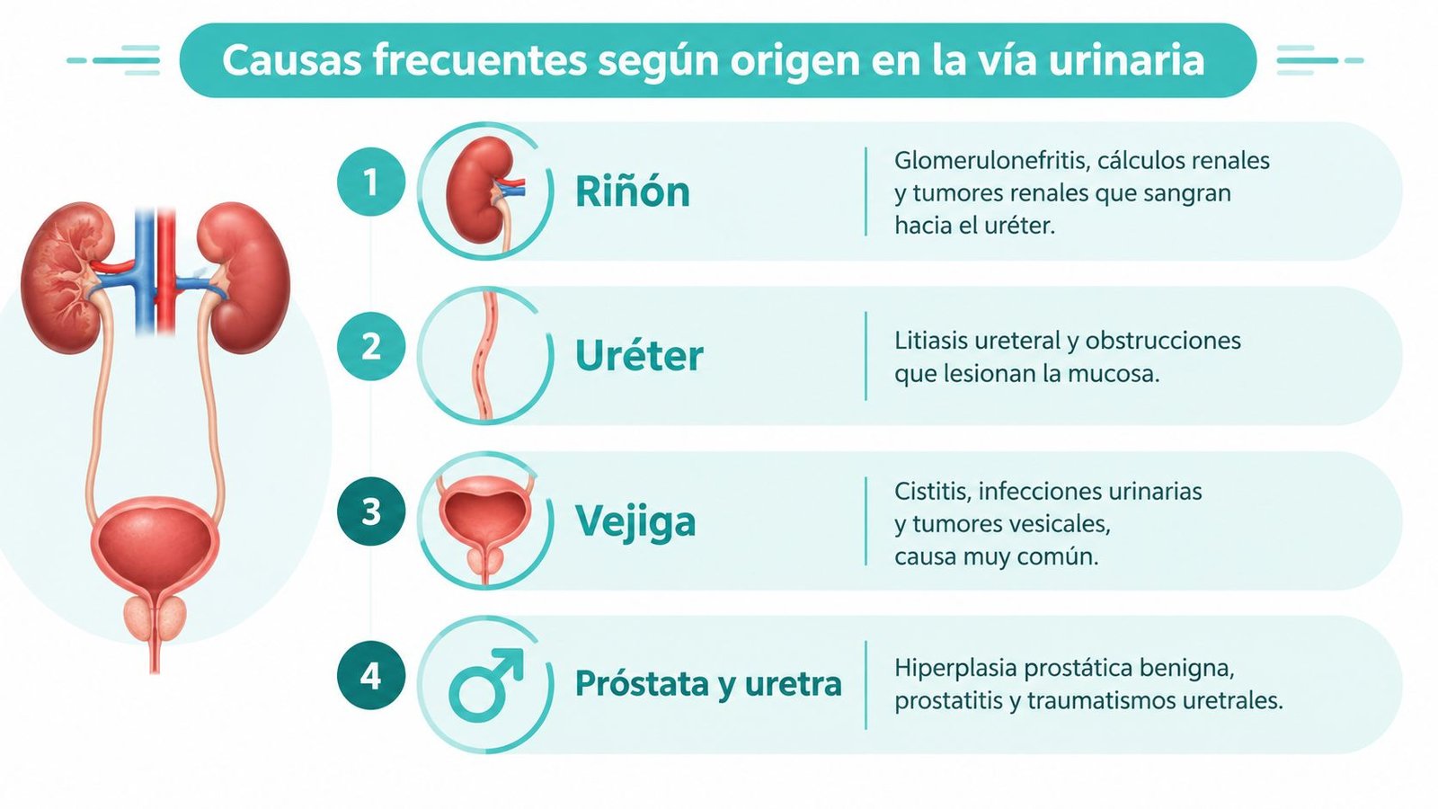 Infografía médica que explica las causas frecuentes de hematuria según el origen en la vía urinaria.