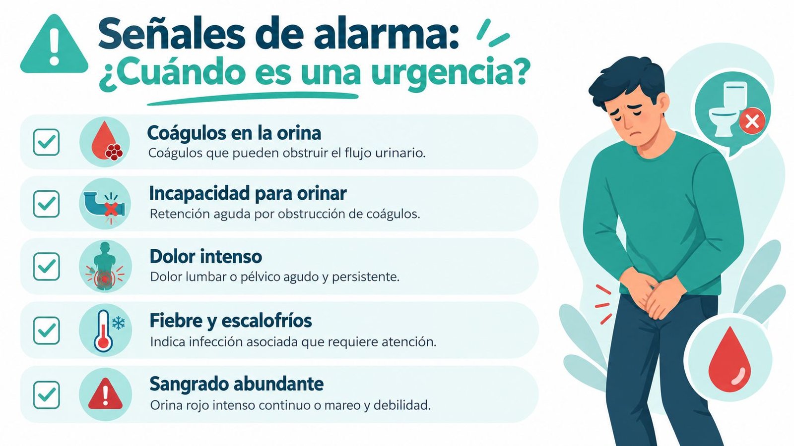 Infografía sobre señales de alarma urgentes por hematuria macroscópica que requieren atención médica inmediata.