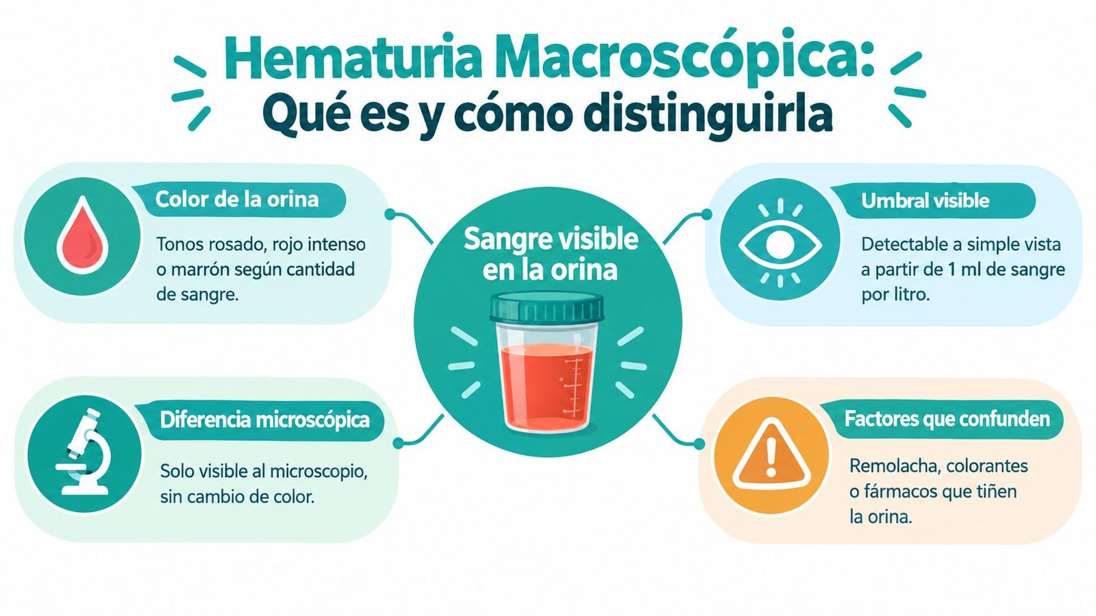 Infografía sobre hematuria macroscópica explicando causas, síntomas, umbrales de visibilidad y factores que pueden confundir el diagnóstico.
