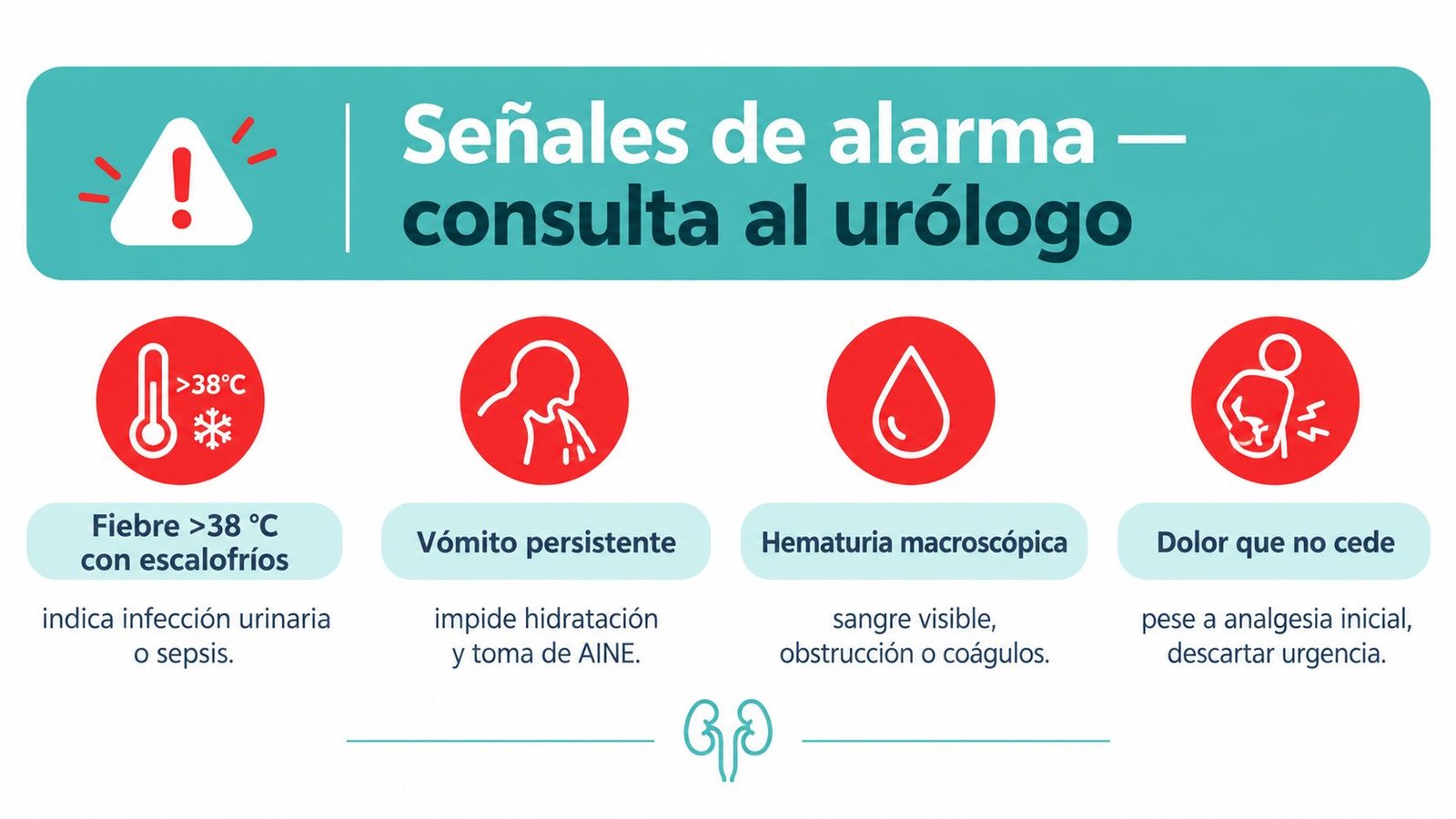 Infografía con señales de alarma que requieren consulta inmediata con un urólogo debido a síntomas graves.