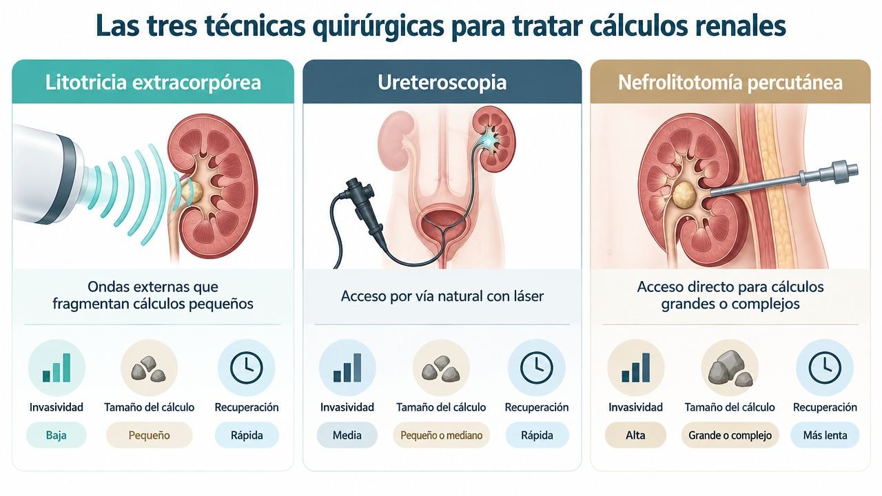 Infografía sobre tres técnicas quirúrgicas para tratar cálculos renales: litotricia, ureteroscopia y nefrolitotomía percutánea.