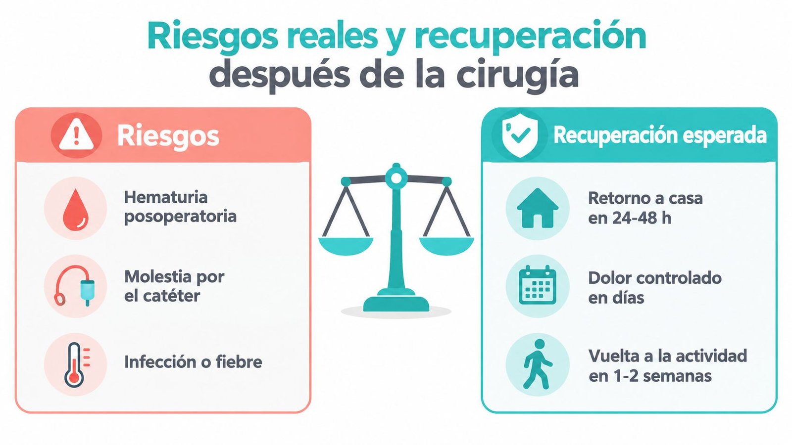 Infografía sobre los riesgos y la recuperación esperada después de una cirugía de cálculos renales.