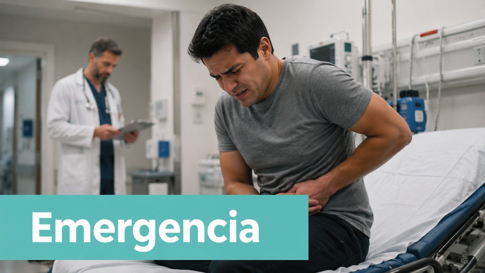 Un hombre sentado en una camilla de hospital sintiendo dolor abdominal agudo mientras un médico lo observa.