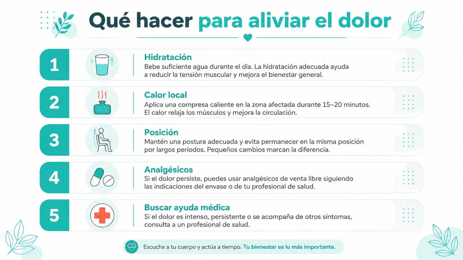 Infografía con cinco consejos útiles y prácticos para aliviar el dolor corporal y mejorar el bienestar general.