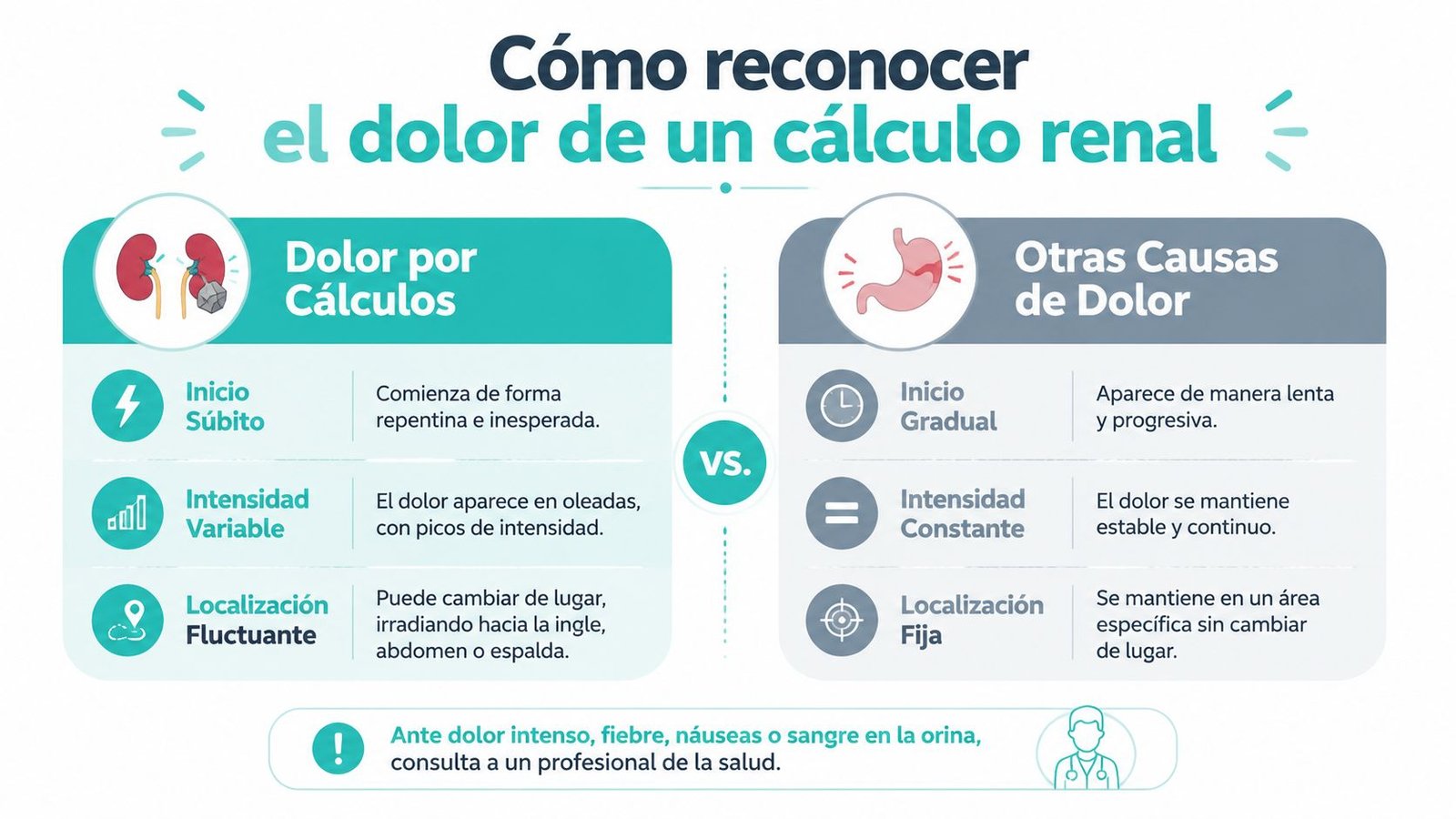 Infografía comparativa sobre cómo diferenciar el dolor de cálculos renales frente a otras causas de dolor abdominal.