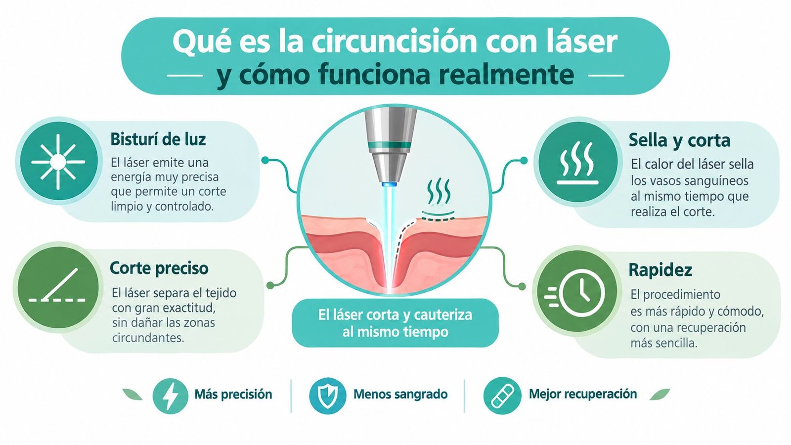 Infografía sobre cómo funciona la circuncisión con láser mostrando sus beneficios, precisión y proceso de cauterización.