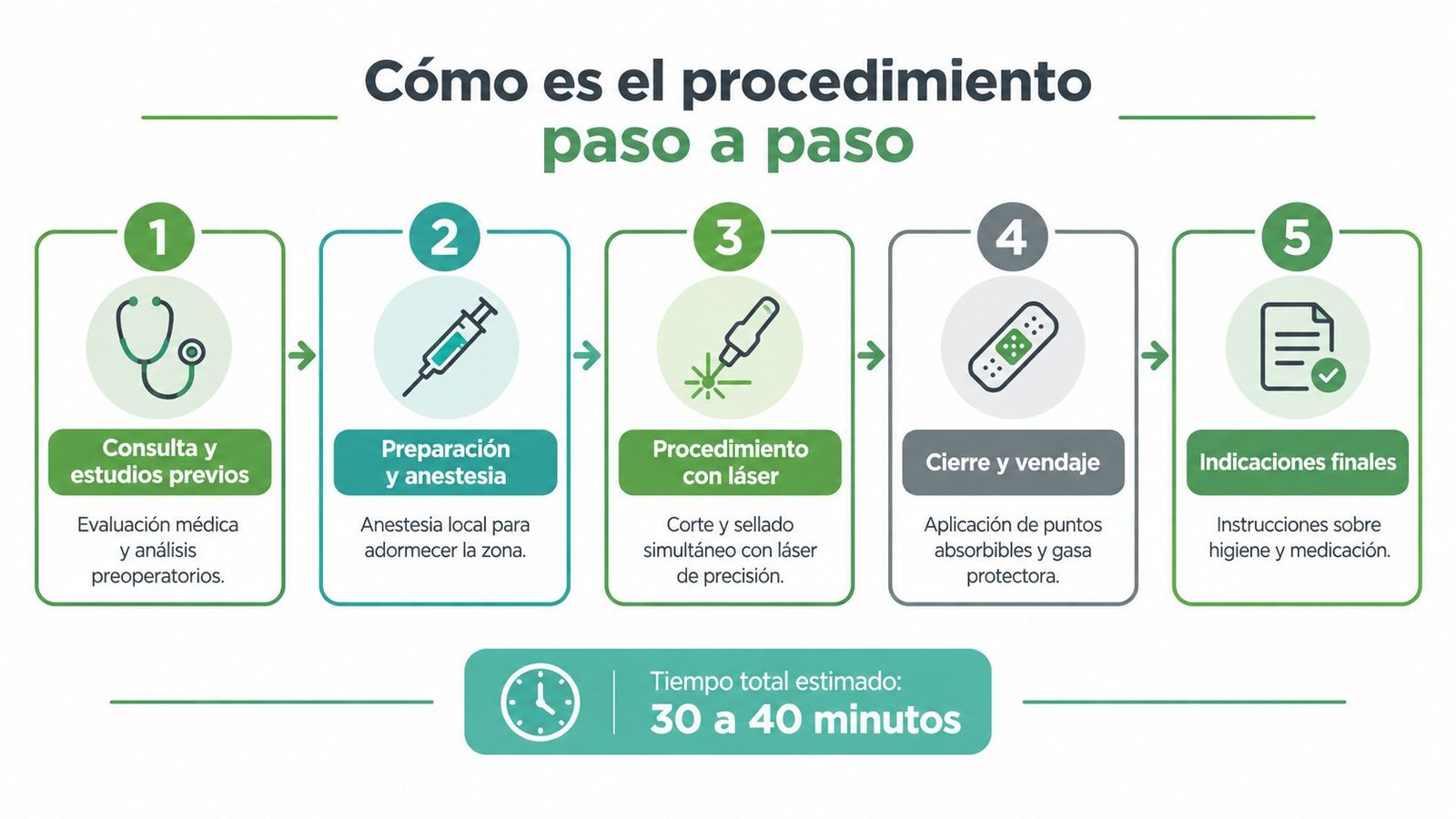 Infografía paso a paso que explica el procedimiento médico de la circuncisión con láser de manera sencilla.