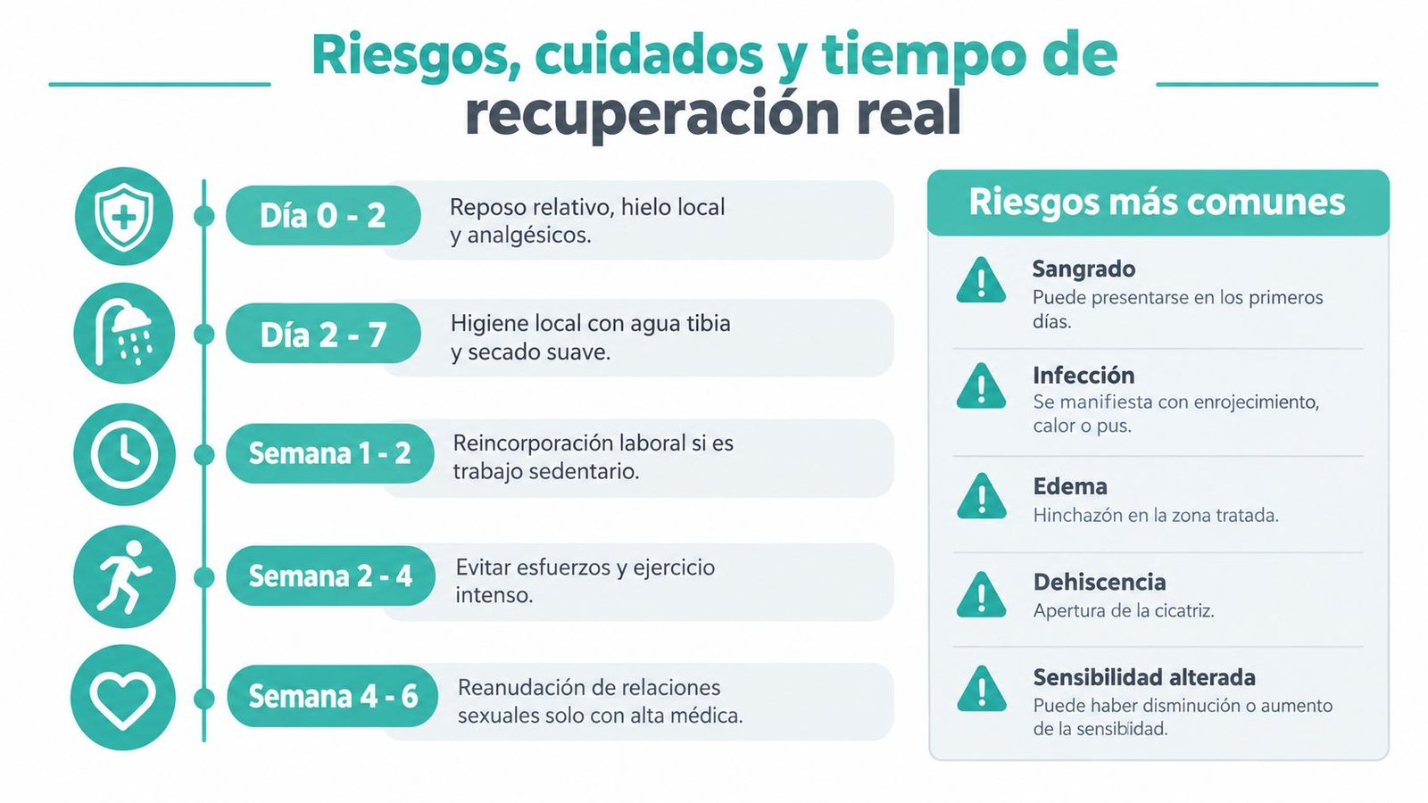 Infografía que muestra los cuidados postoperatorios, tiempos de recuperación y posibles riesgos tras una cirugía de circuncisión.