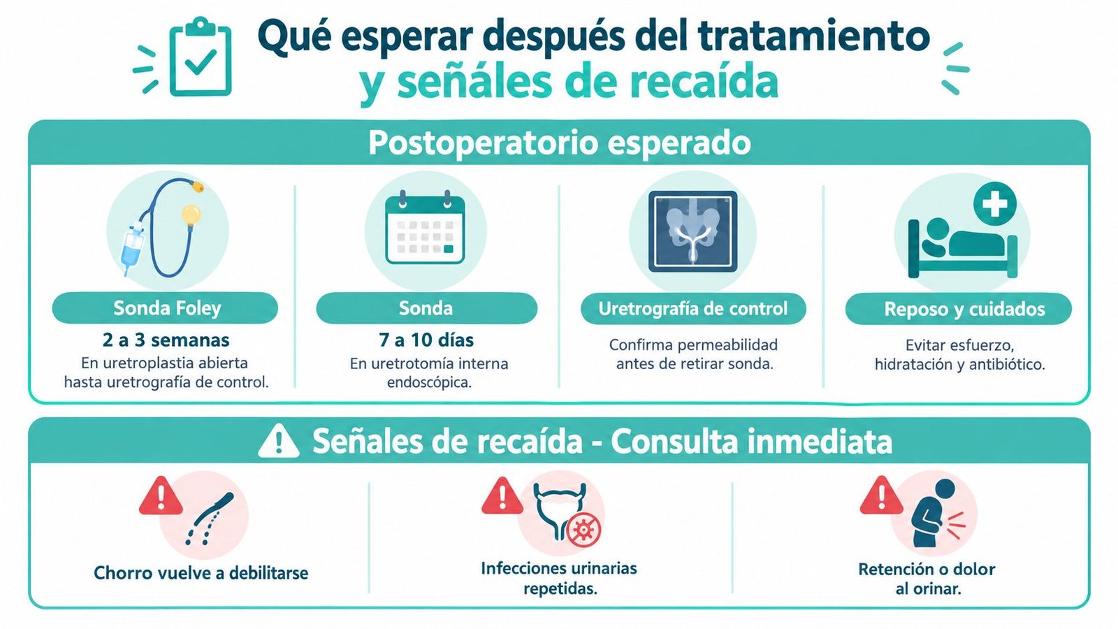 Infografía sobre cuidados postoperatorios y señales de alerta tras un tratamiento para la estenosis uretral masculina.