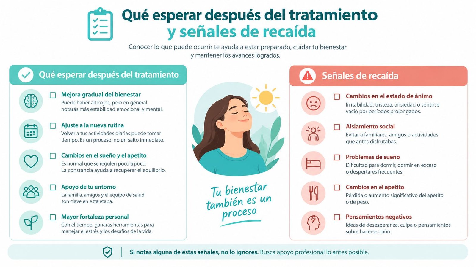 Infografía sobre qué esperar tras el tratamiento y las señales de recaída para mantener el bienestar emocional.