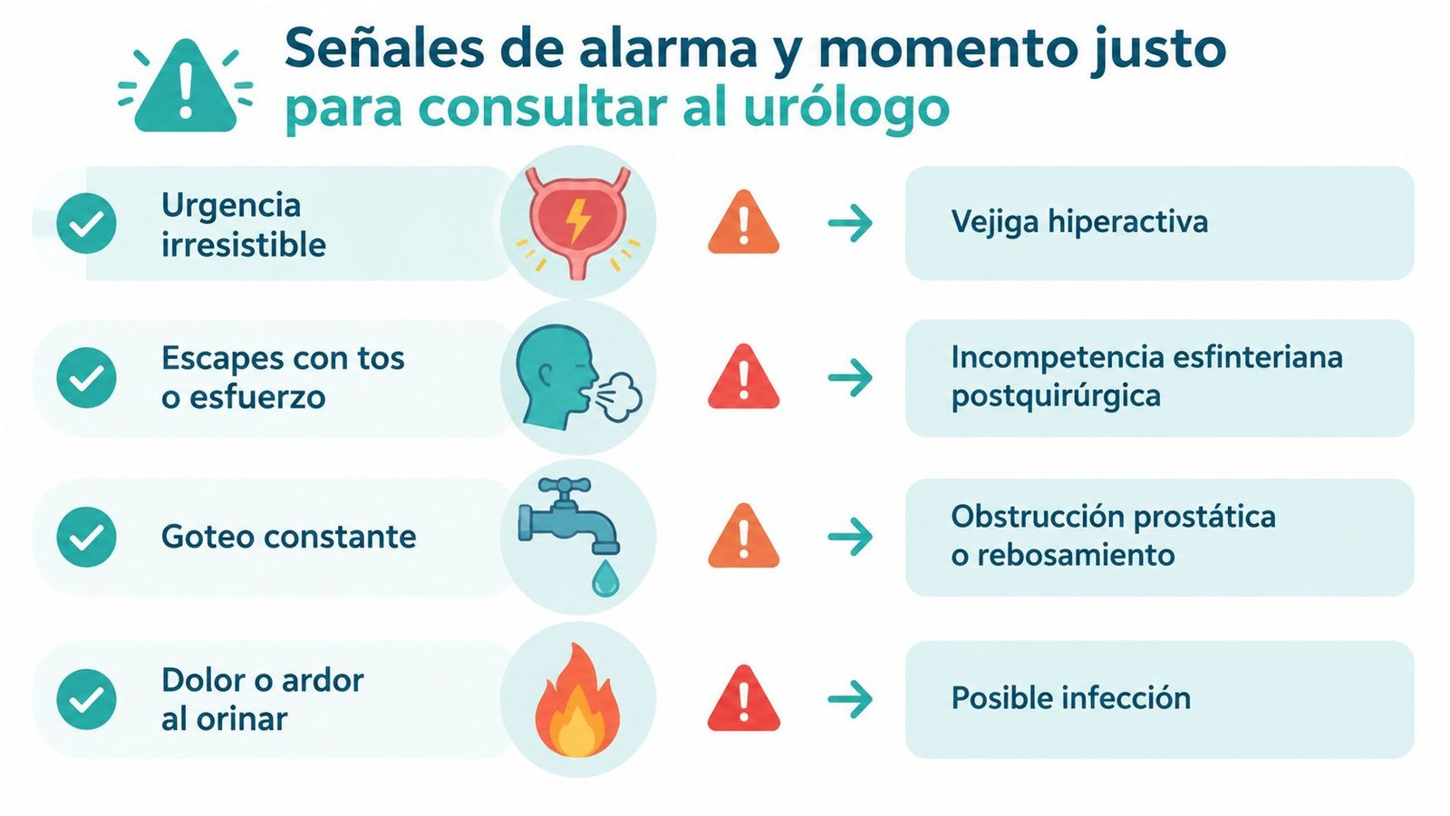 Infografía que muestra señales de alarma y condiciones comunes para consultar al urólogo por problemas urinarios.