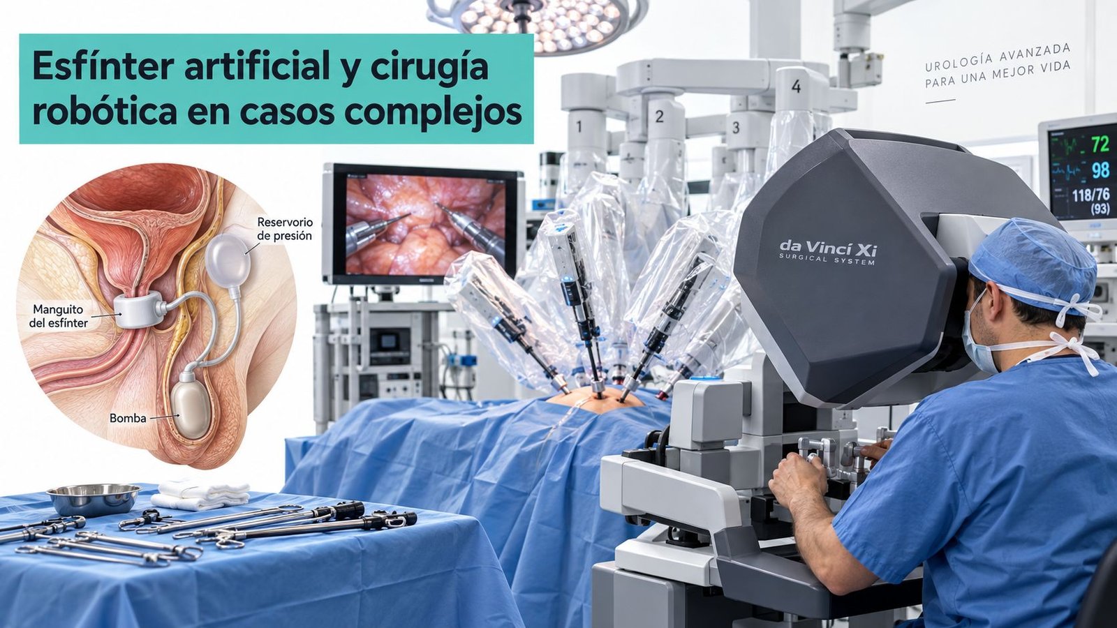 Cirujano operando con el sistema robótico Da Vinci junto a una ilustración del esfínter urinario artificial masculino.