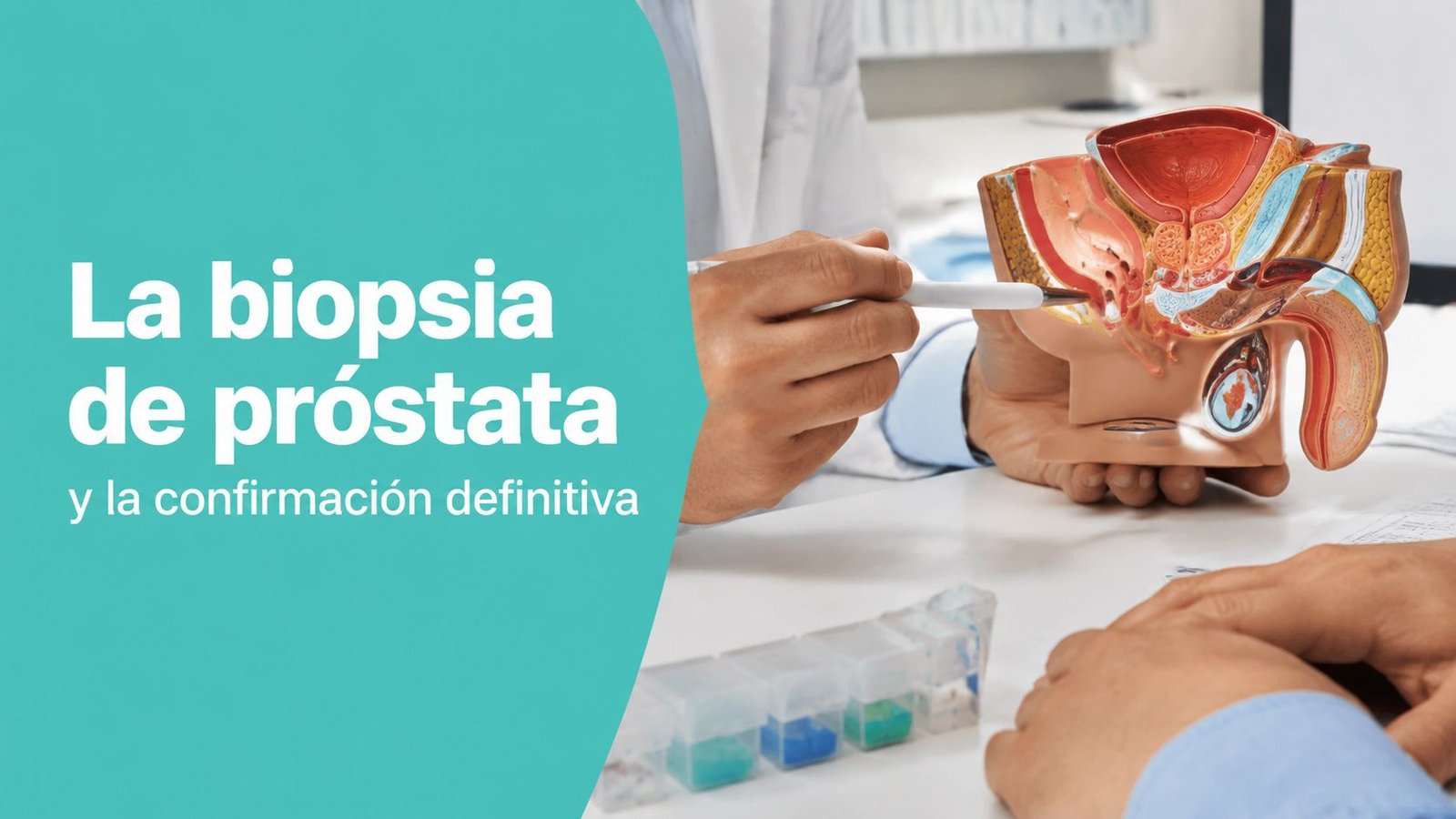 Un médico explicando un modelo anatómico de la próstata a un paciente durante una consulta médica.