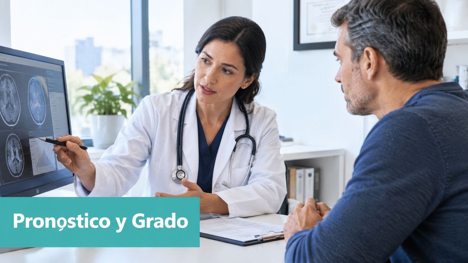 Una doctora explica los resultados de un escáner cerebral a un paciente durante una consulta médica.