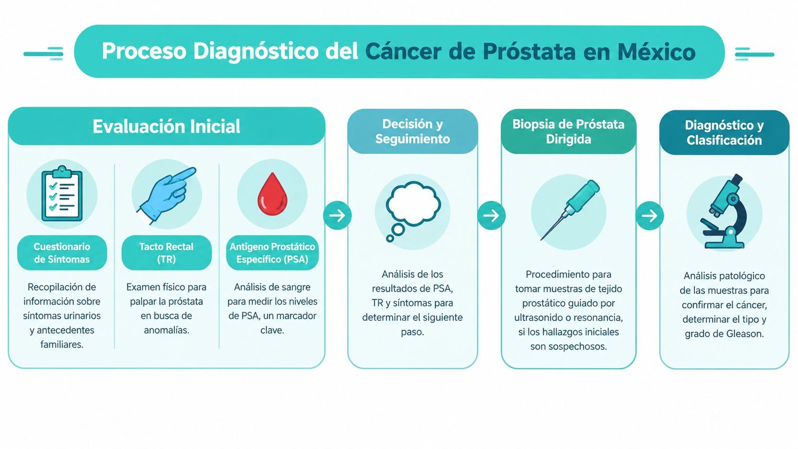 Infografía que detalla los pasos del proceso diagnóstico del cáncer de próstata en México, incluyendo pruebas iniciales y biopsias.