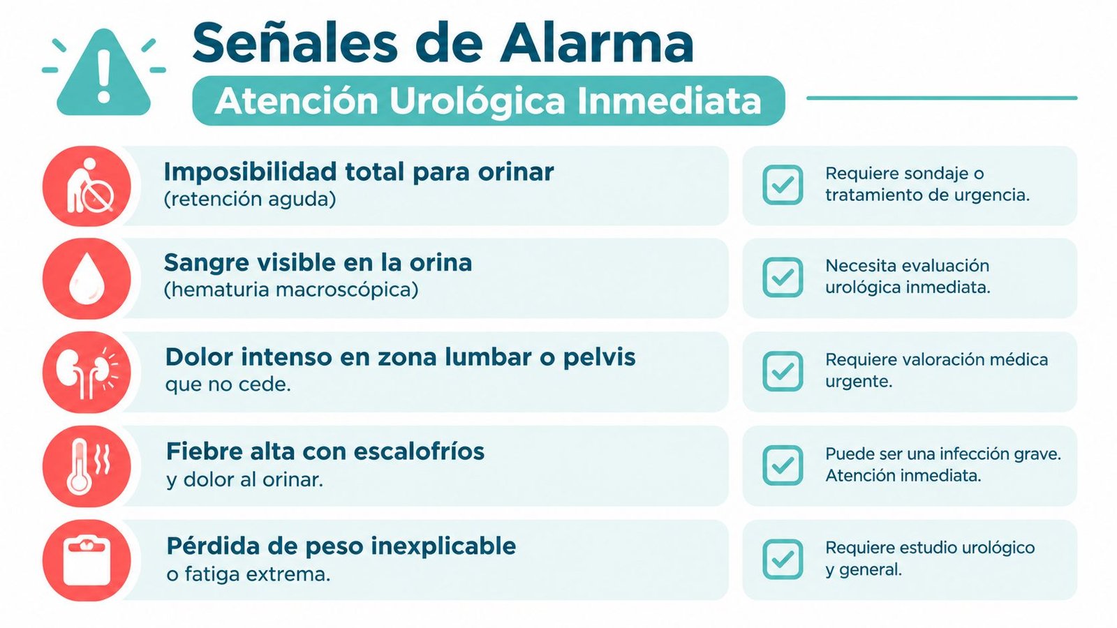 Infografía sobre señales de alarma urológicas que requieren atención médica inmediata para una evaluación profesional.