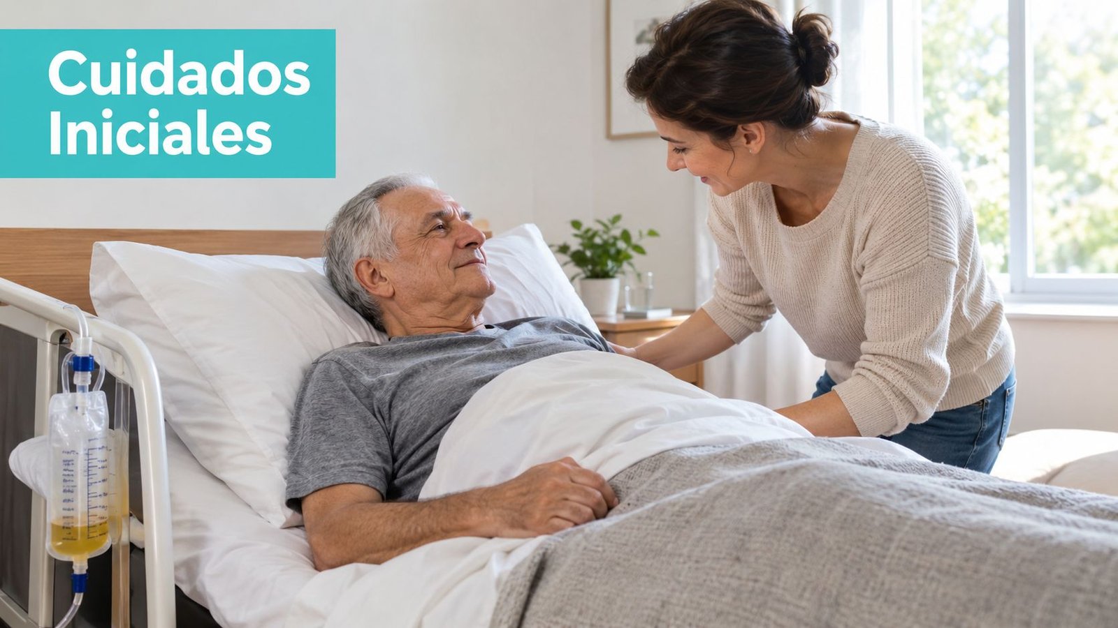 Una cuidadora brinda atención y apoyo emocional a un adulto mayor que se recupera en una cama.