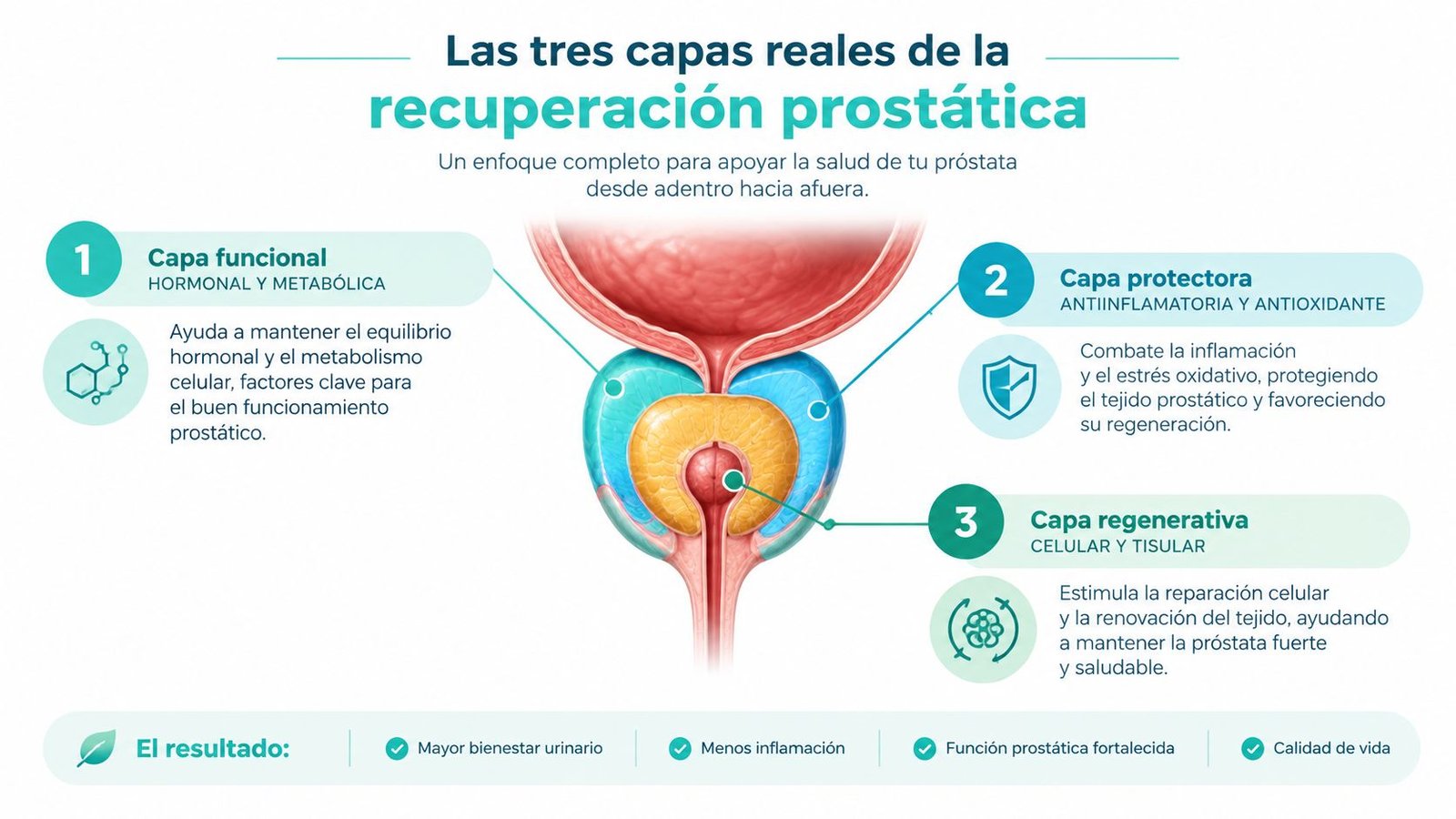 Infografía sobre las tres capas para la recuperación prostática enfocada en salud hormonal, antiinflamatoria y regeneración celular.