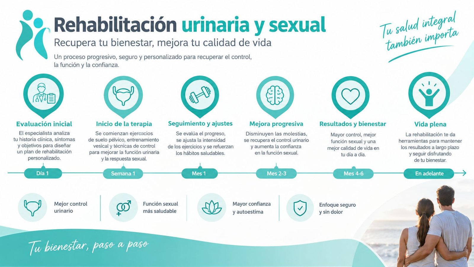 Infografía sobre el proceso de rehabilitación urinaria y sexual para mejorar la calidad de vida del paciente.