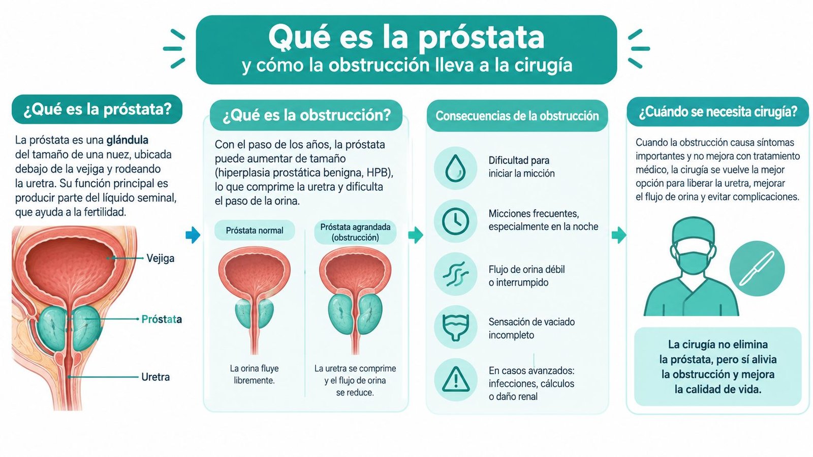 Infografía educativa que explica la anatomía de la próstata, la obstrucción prostática y cuándo se requiere cirugía.