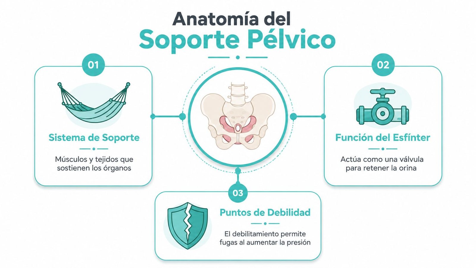 Infografía sobre la anatomía del soporte pélvico, incluyendo el sistema de soporte, la función esfinteriana y debilidades.