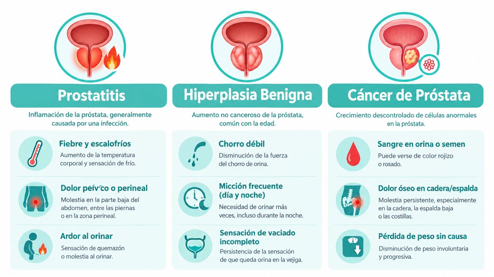 Infografía que muestra los síntomas de la prostatitis, la hiperplasia benigna y el cáncer de próstata.