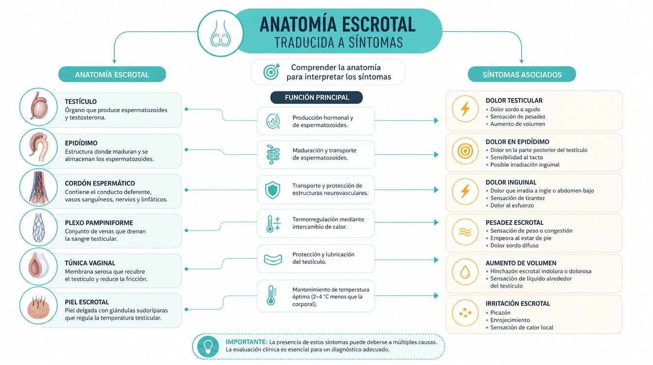Infografía educativa que describe la anatomía escrotal, sus funciones principales y los síntomas asociados correspondientes.