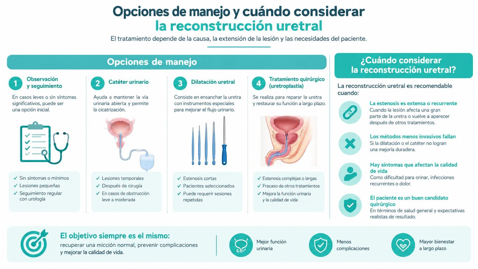 Infografía sobre opciones de manejo para la estenosis uretral, incluyendo observación, catéter, dilatación y tratamiento quirúrgico.