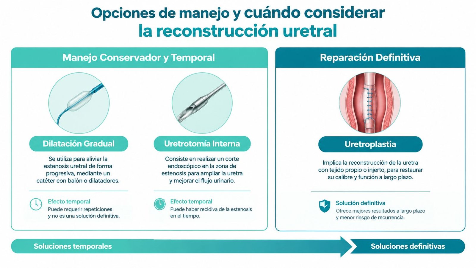 Infografía sobre opciones de manejo para la estenosis uretral, comparando tratamientos temporales con la reparación quirúrgica definitiva.