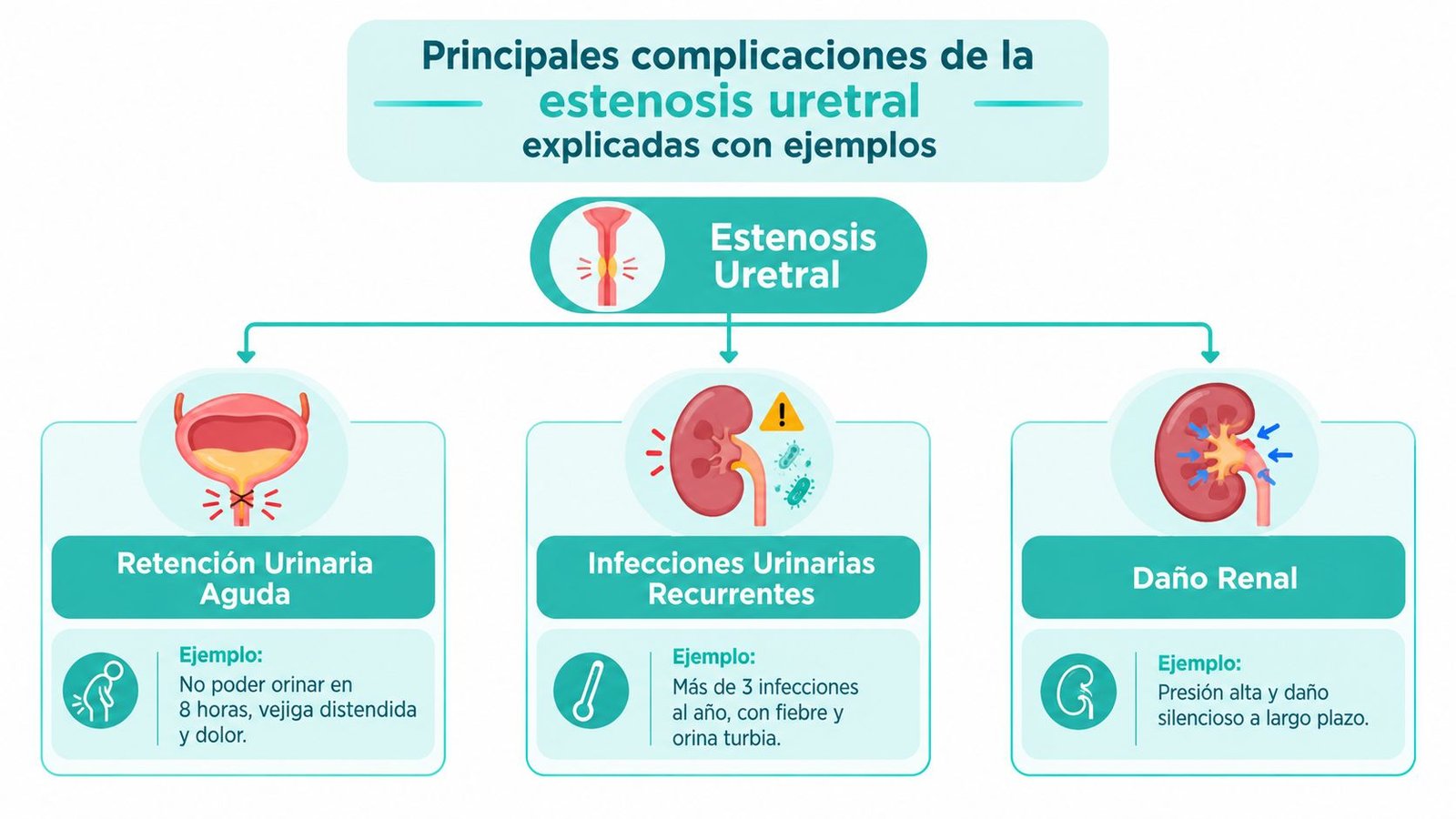 Infografía sobre las complicaciones de la estenosis uretral, incluyendo retención urinaria, infecciones y daño renal.