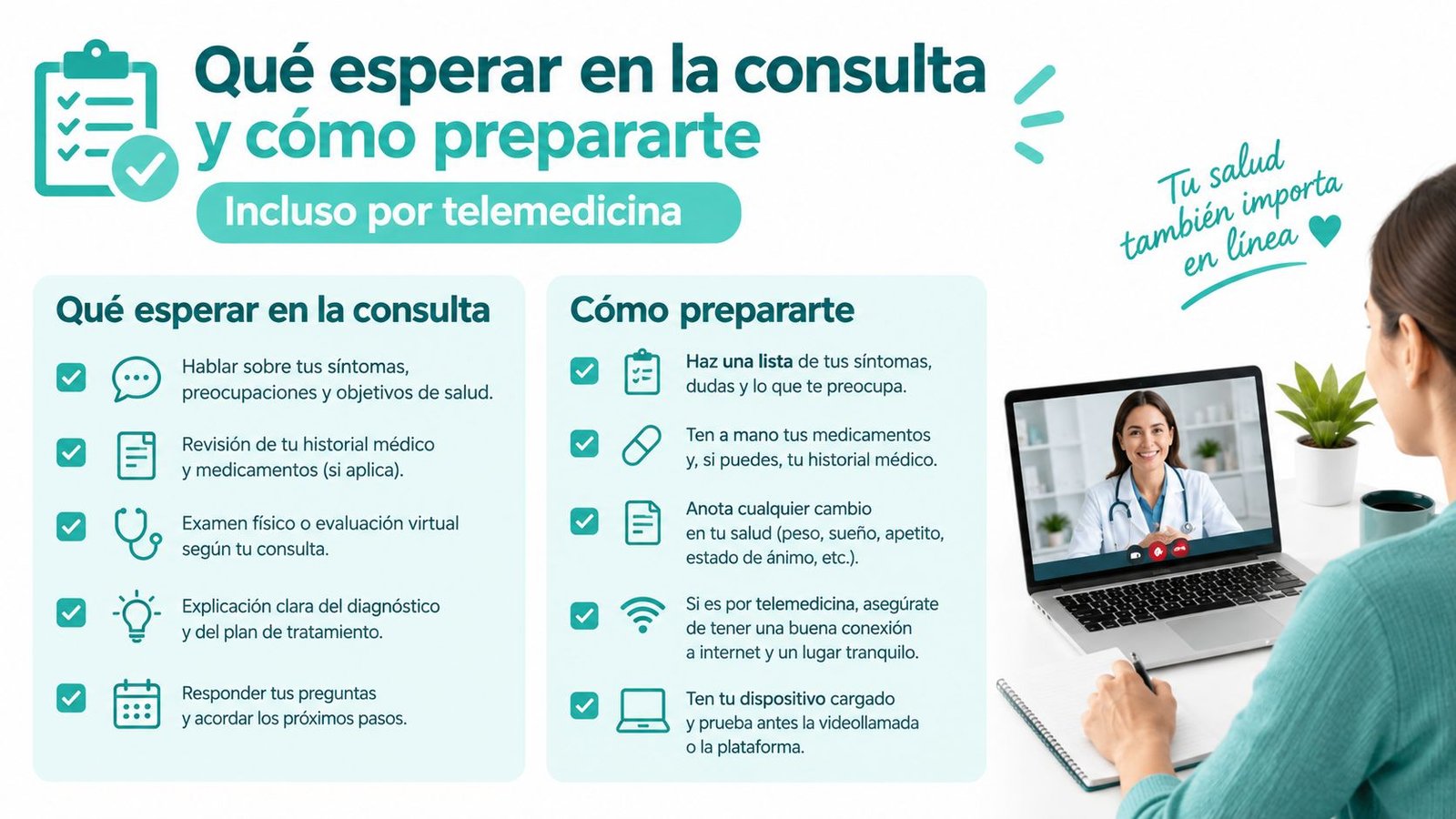 Una infografía informativa sobre cómo prepararse para una consulta médica, incluyendo orientación específica para citas de telemedicina.