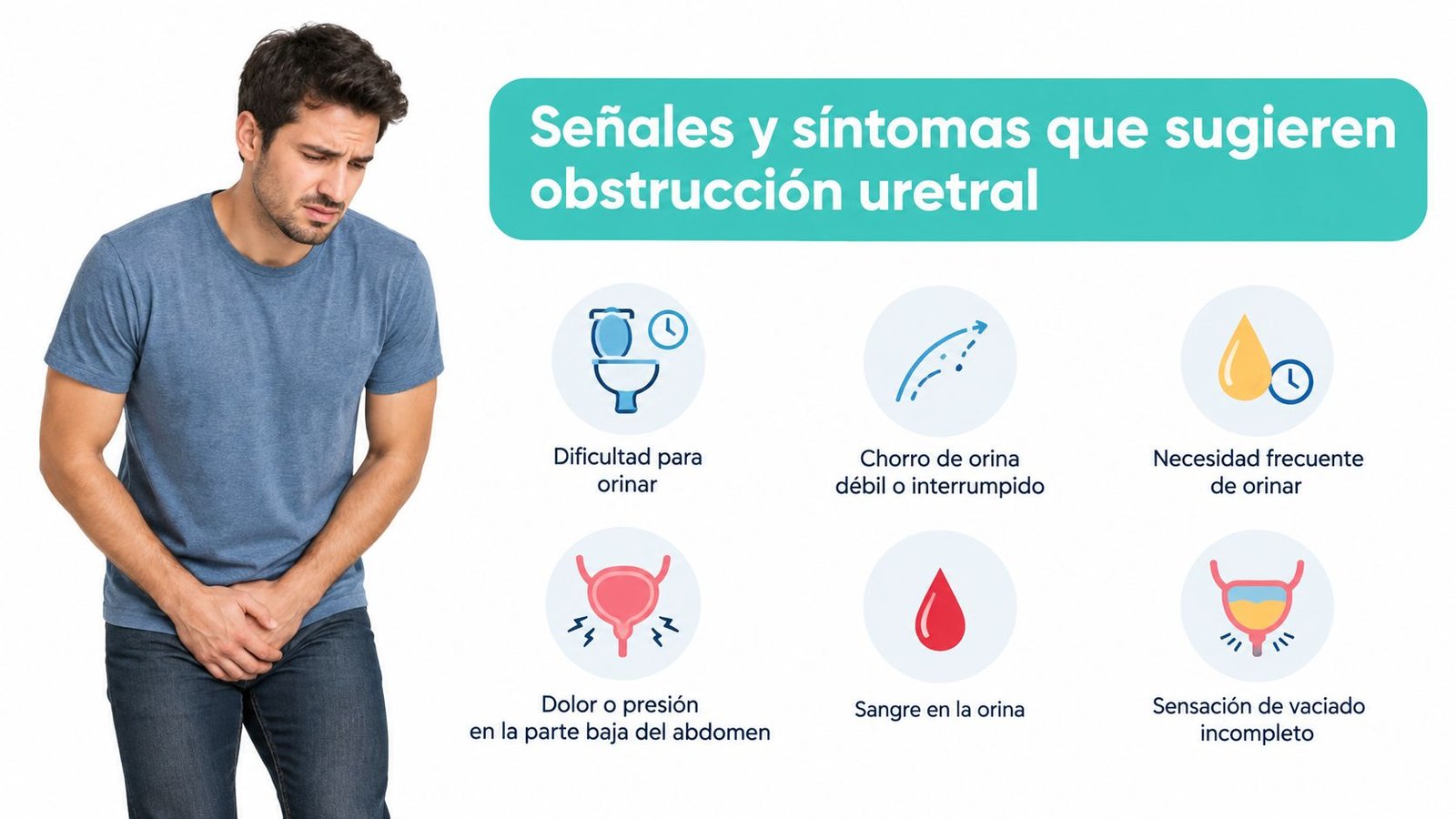 Hombre sosteniendo su abdomen inferior junto a una lista de síntomas comunes relacionados con la obstrucción uretral.