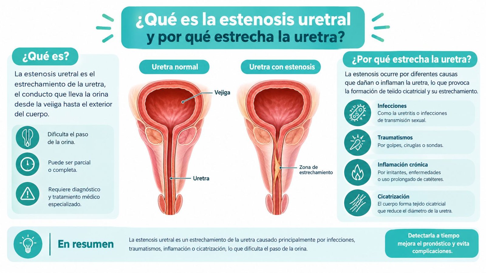 Infografía sobre la estenosis uretral masculina, mostrando su definición, causas anatómicas, factores de riesgo y tratamiento médico.