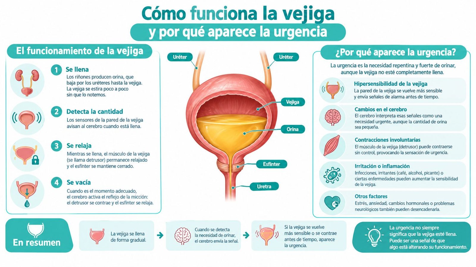 Infografía educativa que explica cómo funciona la vejiga humana y las causas de la urgencia urinaria.