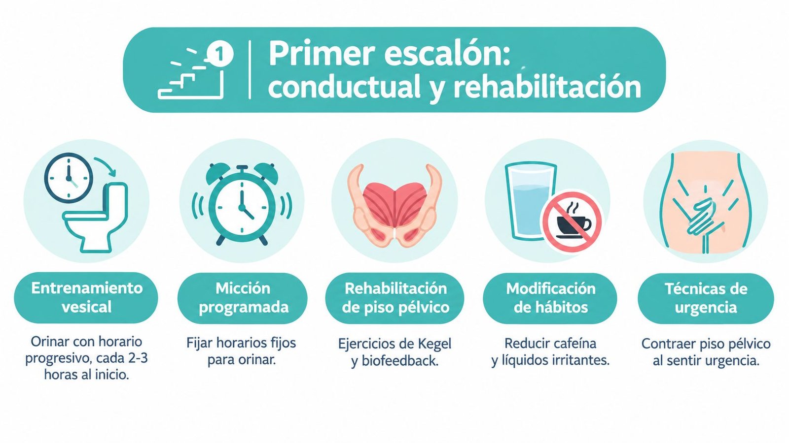 Infografía sobre el primer paso de tratamiento para la incontinencia urinaria mediante conducta y rehabilitación pélvica.