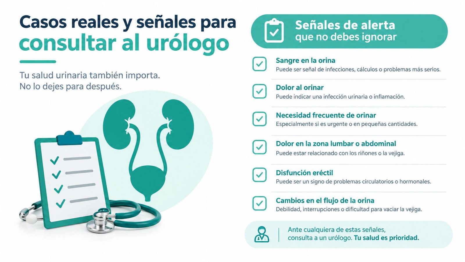 Infografía sobre señales de alerta urinarias que requieren una consulta médica con un especialista en urología.