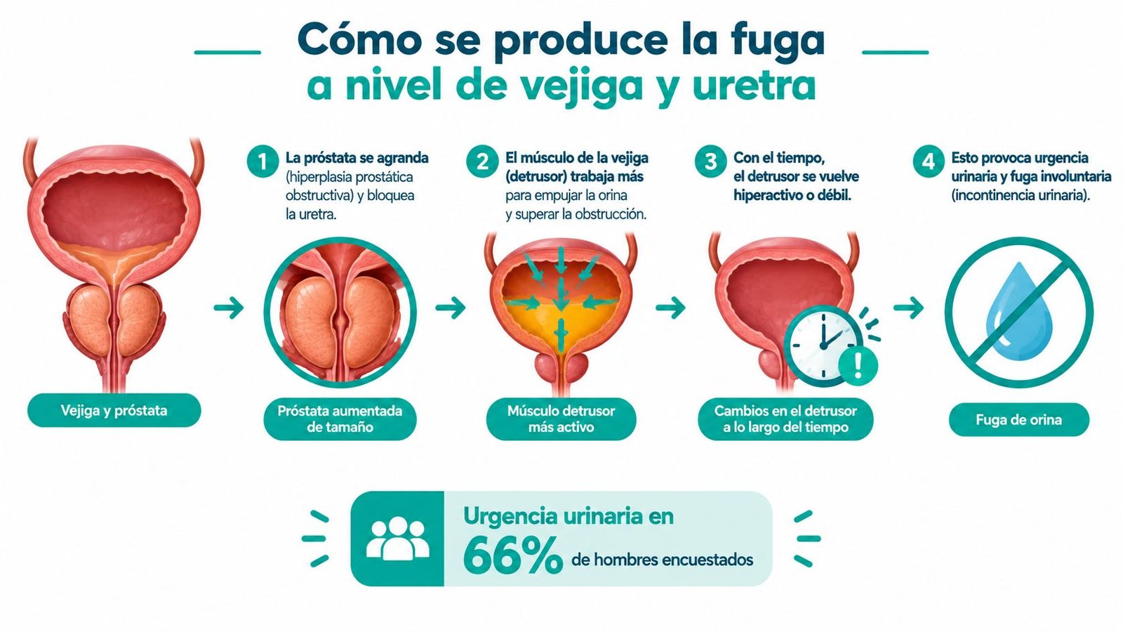 Infografía mostrando cómo la próstata agrandada causa incontinencia urinaria en hombres mediante el bloqueo de la uretra.