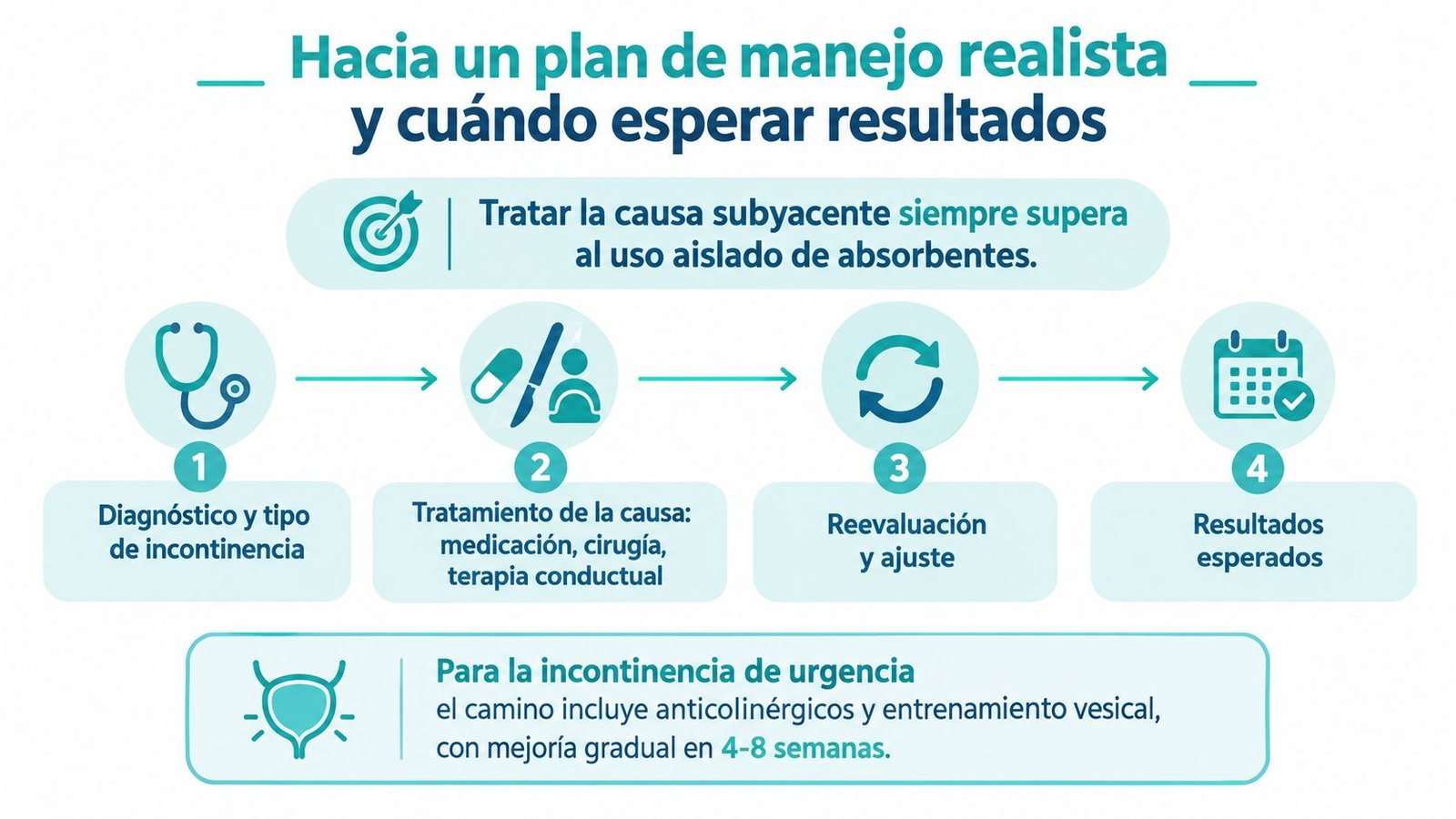 Infografía sobre los pasos para el manejo realista de la incontinencia urinaria y tiempos de resultados esperados.