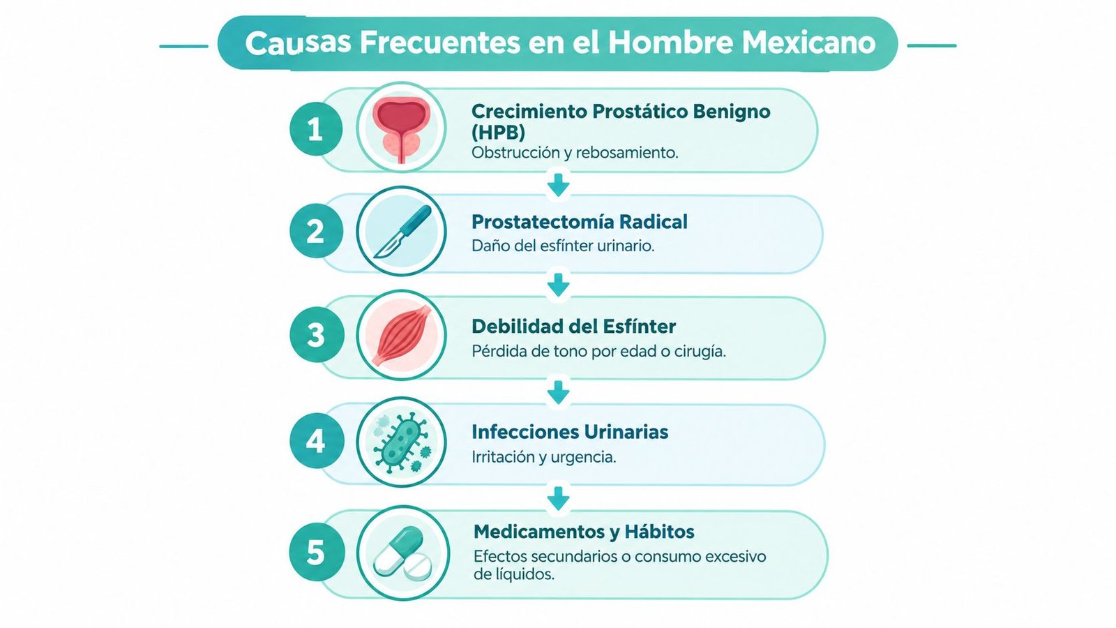 Infografía sobre las causas frecuentes de incontinencia urinaria en el hombre mexicano enumeradas del uno al cinco.