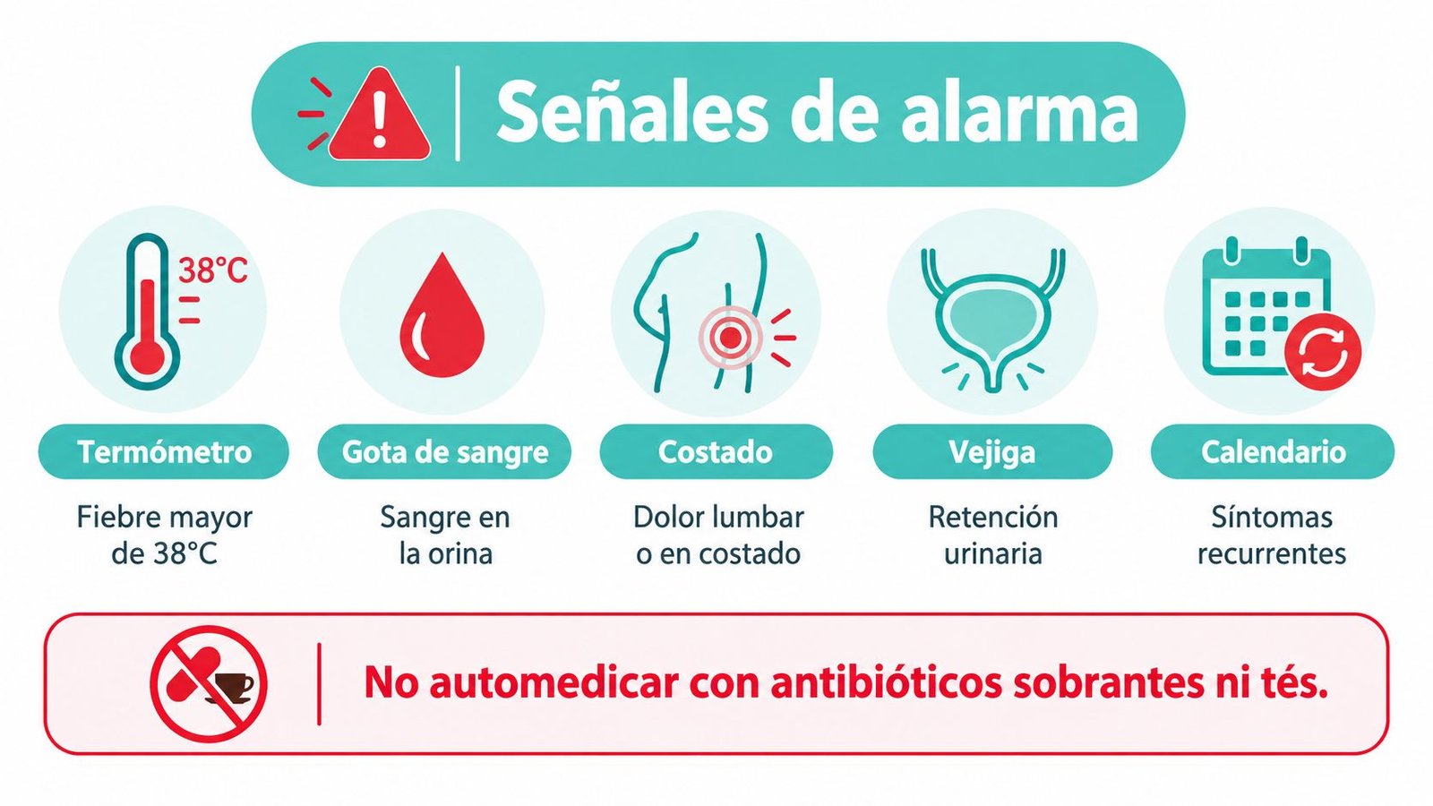 Infografía sobre señales de alarma de infecciones urinarias, incluyendo fiebre, dolor, síntomas recurrentes y advertencias médicas.