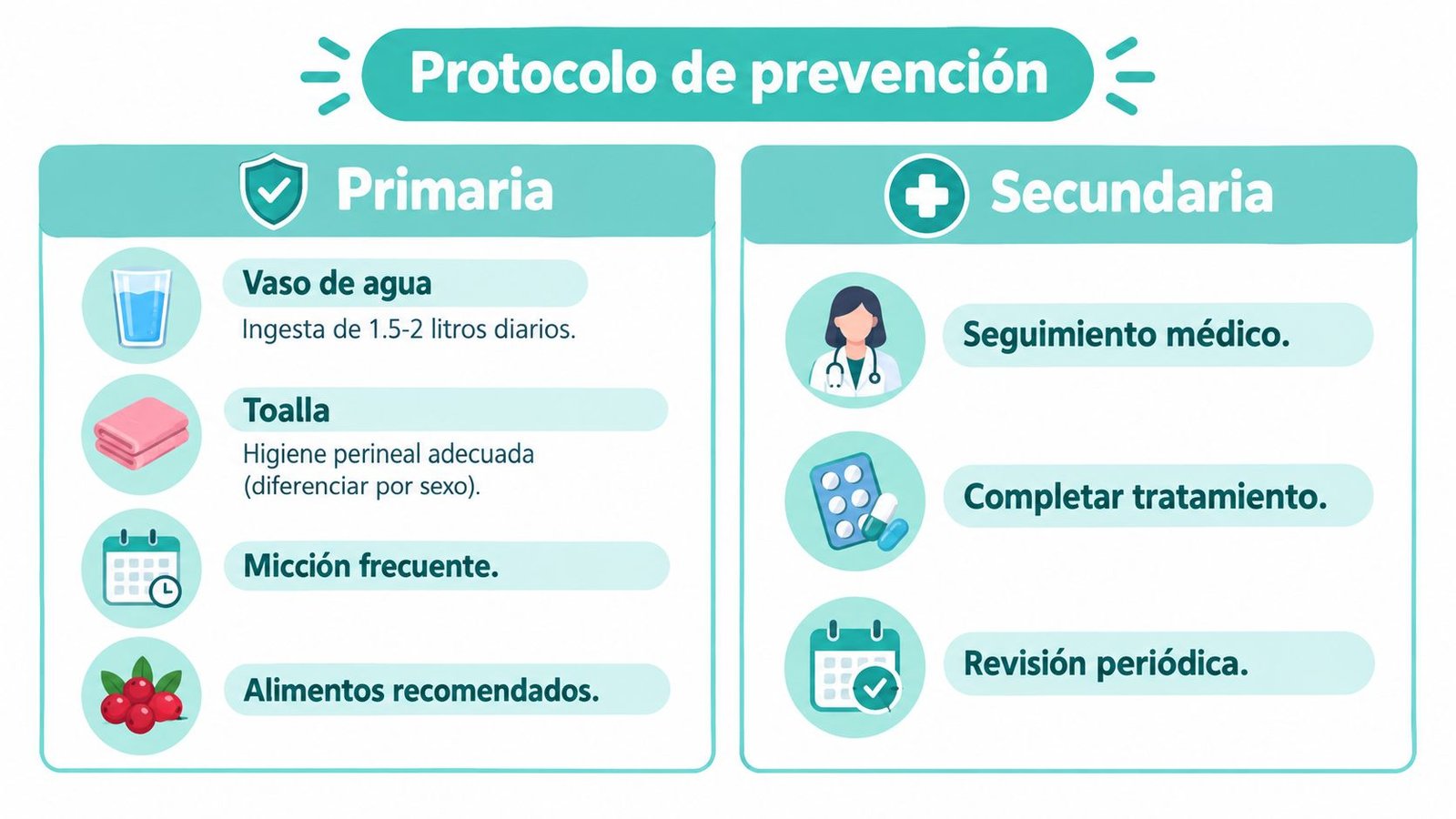 Infografía sobre el protocolo de prevención para infecciones urinarias, incluyendo medidas de higiene, hidratación y seguimiento médico.